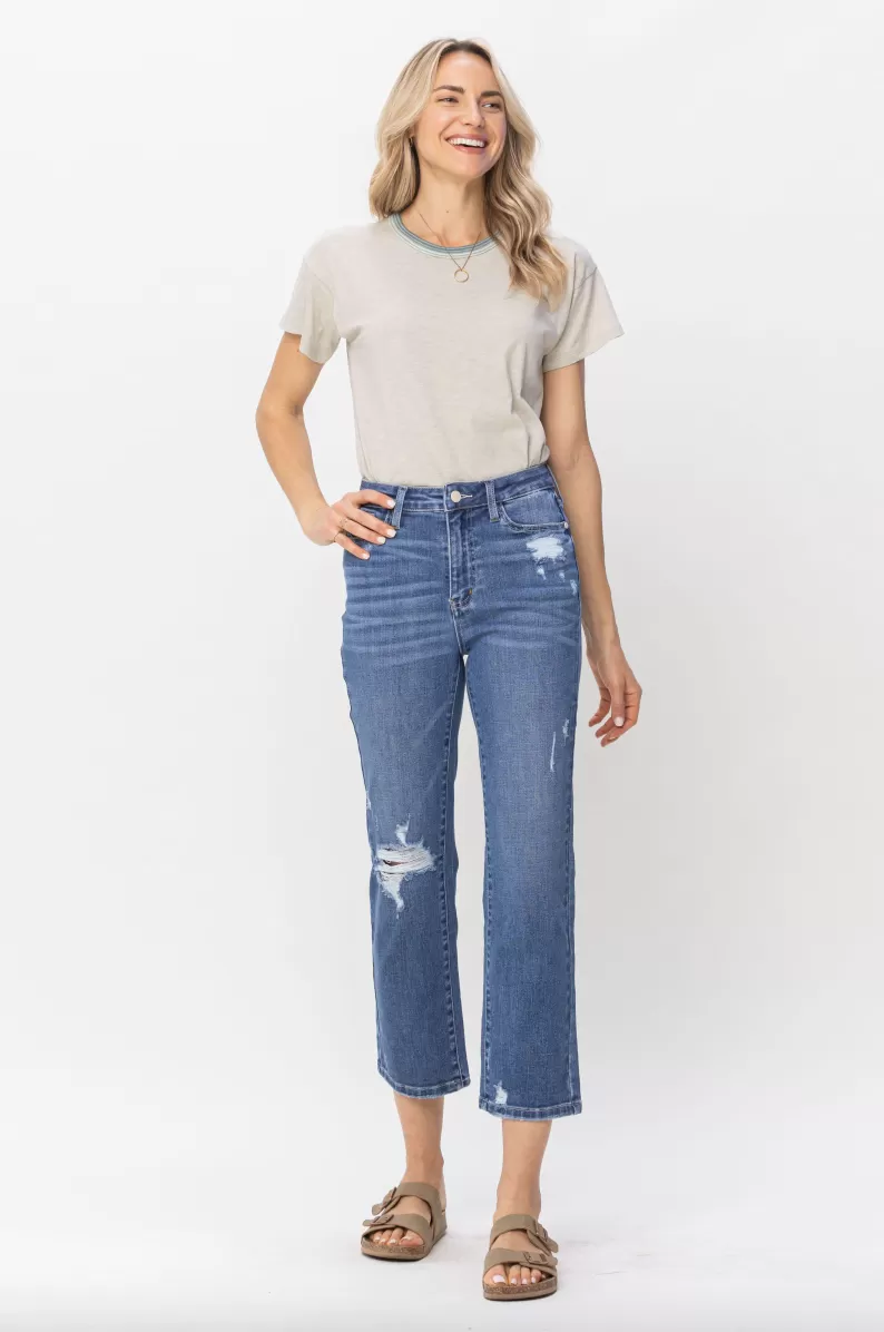 Judy Blue Destroy Pocket Embroidery Straight Leg Crop Jeans