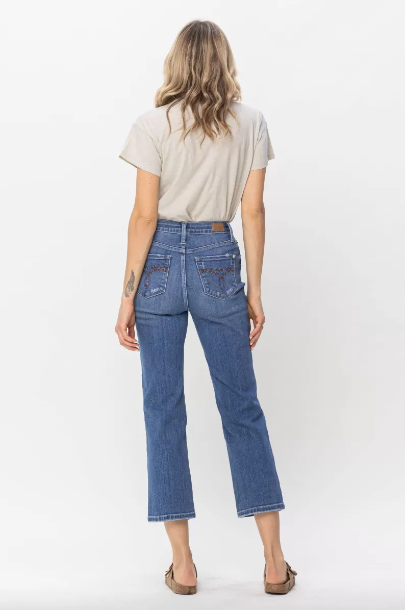 Judy Blue Destroy Pocket Embroidery Straight Leg Crop Jeans