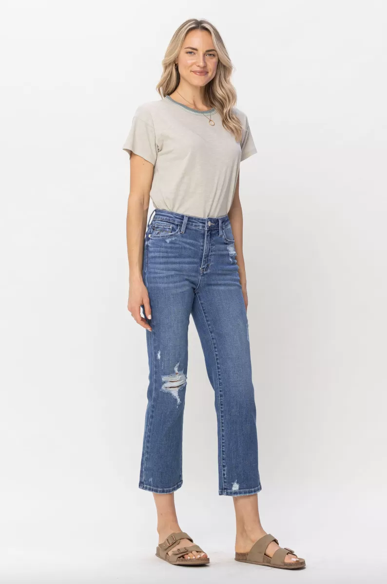 Judy Blue Destroy Pocket Embroidery Straight Leg Crop Jeans