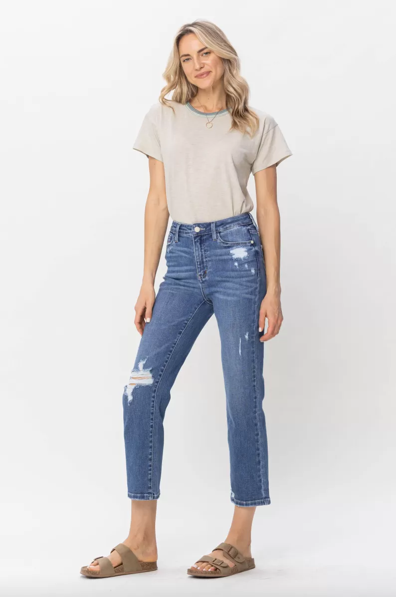 Judy Blue Destroy Pocket Embroidery Straight Leg Crop Jeans