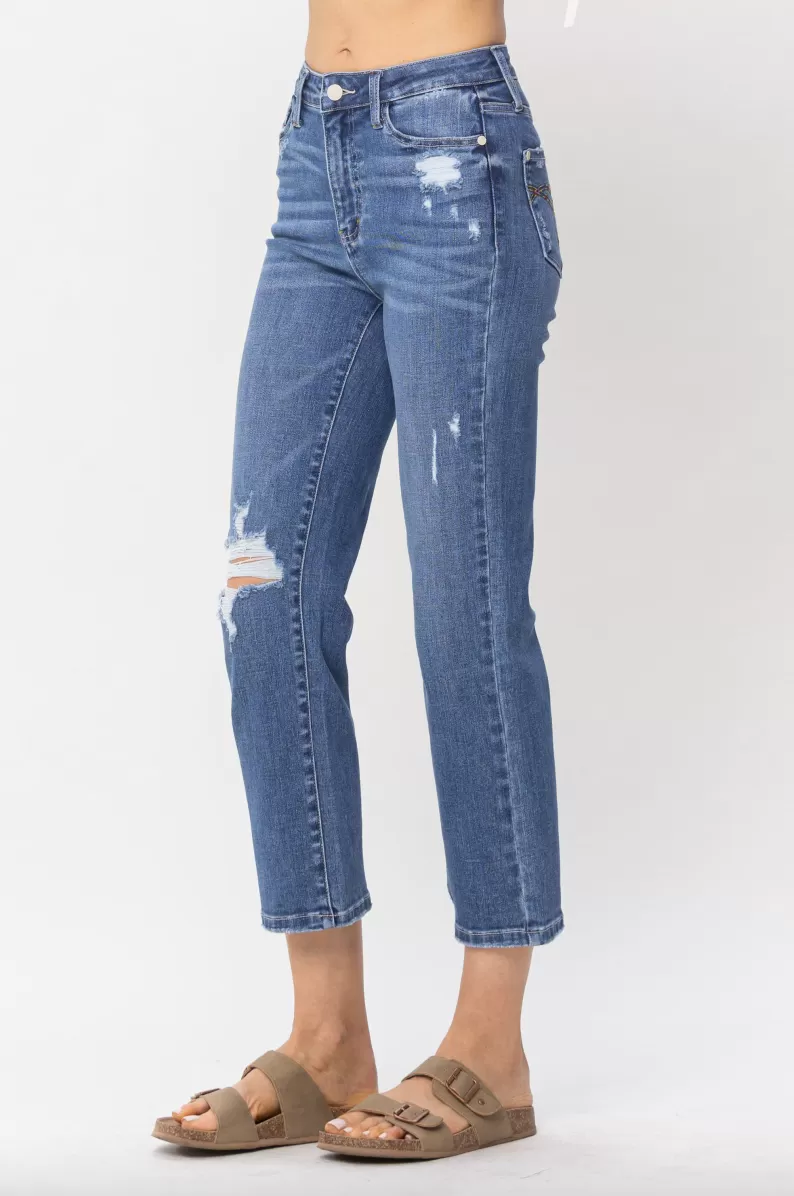 Judy Blue Destroy Pocket Embroidery Straight Leg Crop Jeans