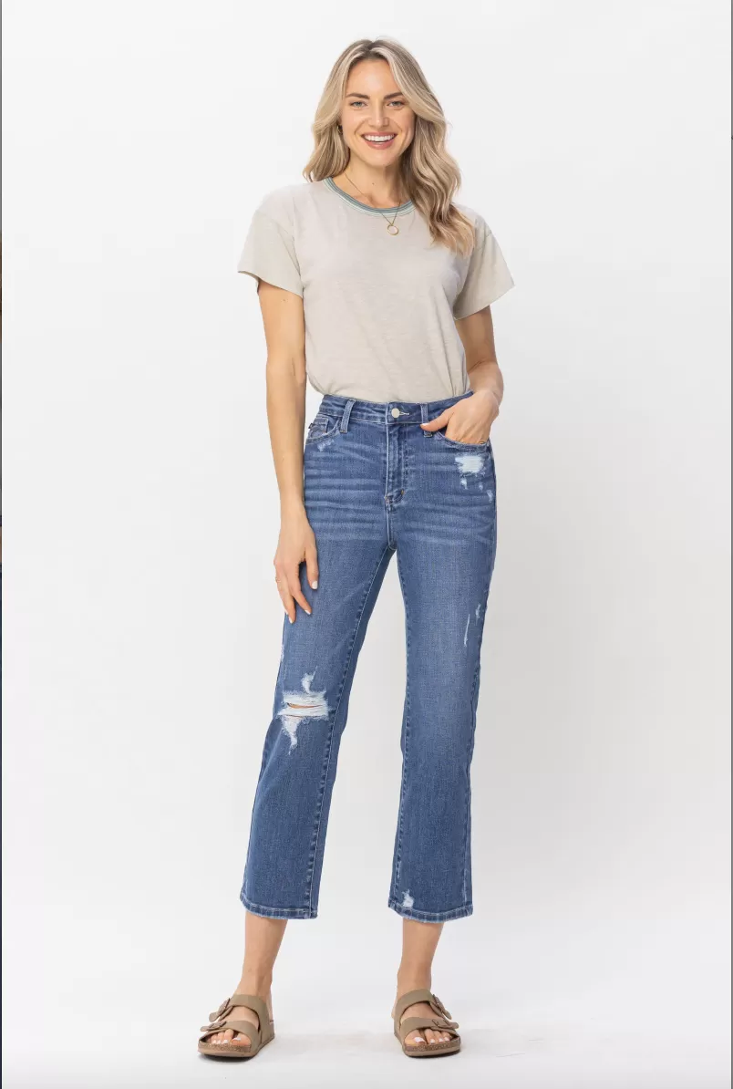 Judy Blue Destroy Pocket Embroidery Straight Leg Crop Jeans