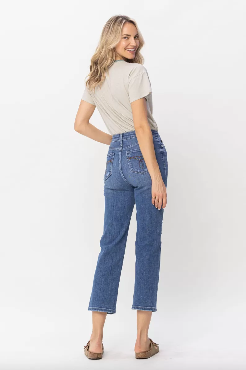 Judy Blue Destroy Pocket Embroidery Straight Leg Crop Jeans