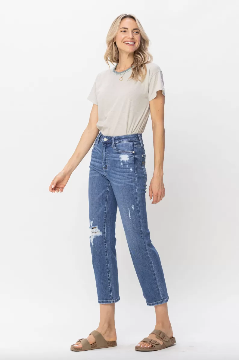 Judy Blue Destroy Pocket Embroidery Straight Leg Crop Jeans