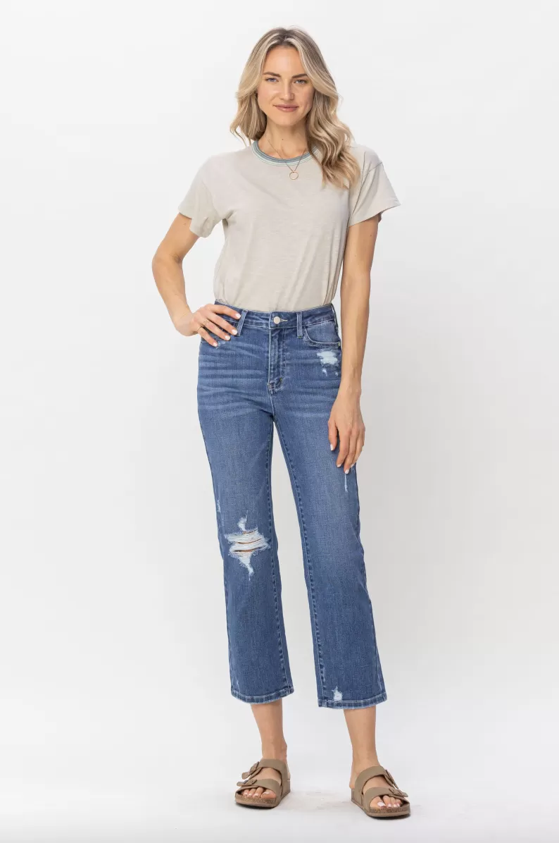 Judy Blue Destroy Pocket Embroidery Straight Leg Crop Jeans