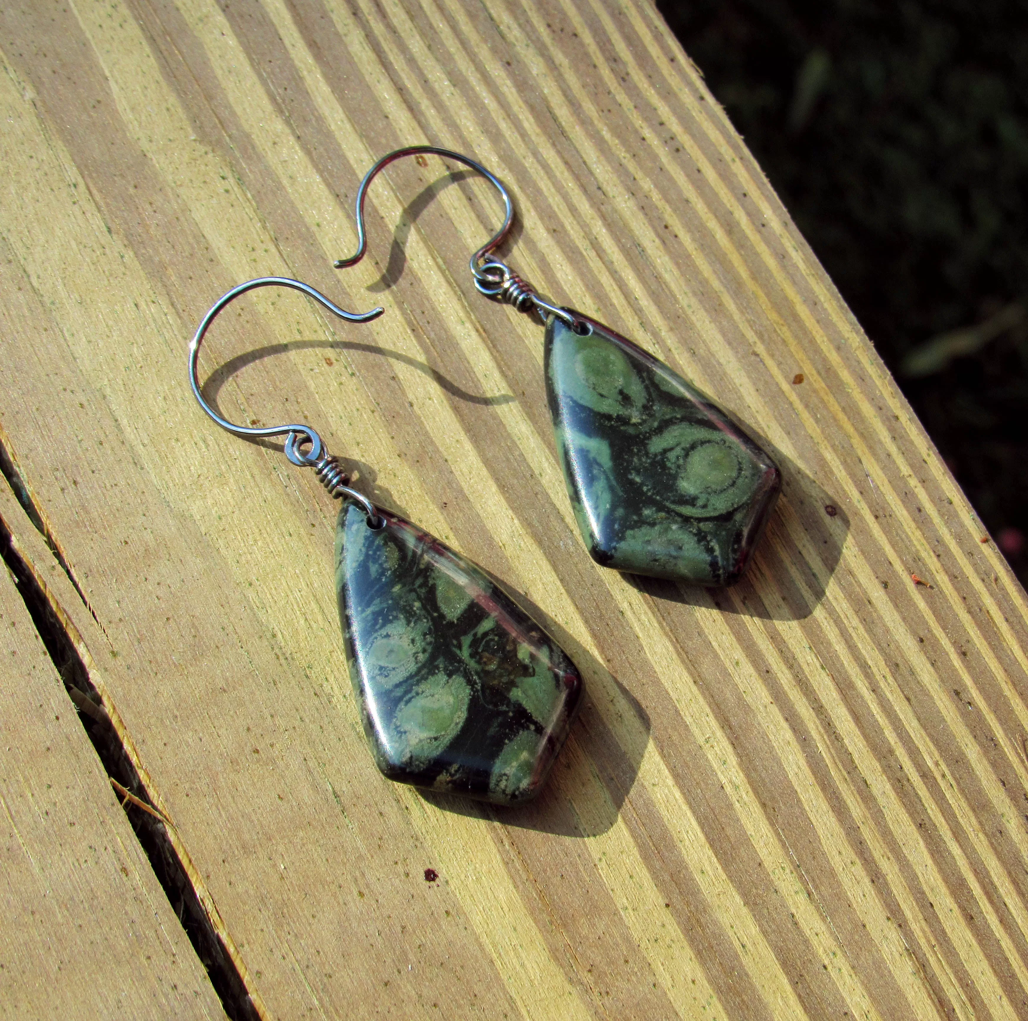 Kambaba Jasper Hand Wrapped in Sterling Silver Drop Earrings