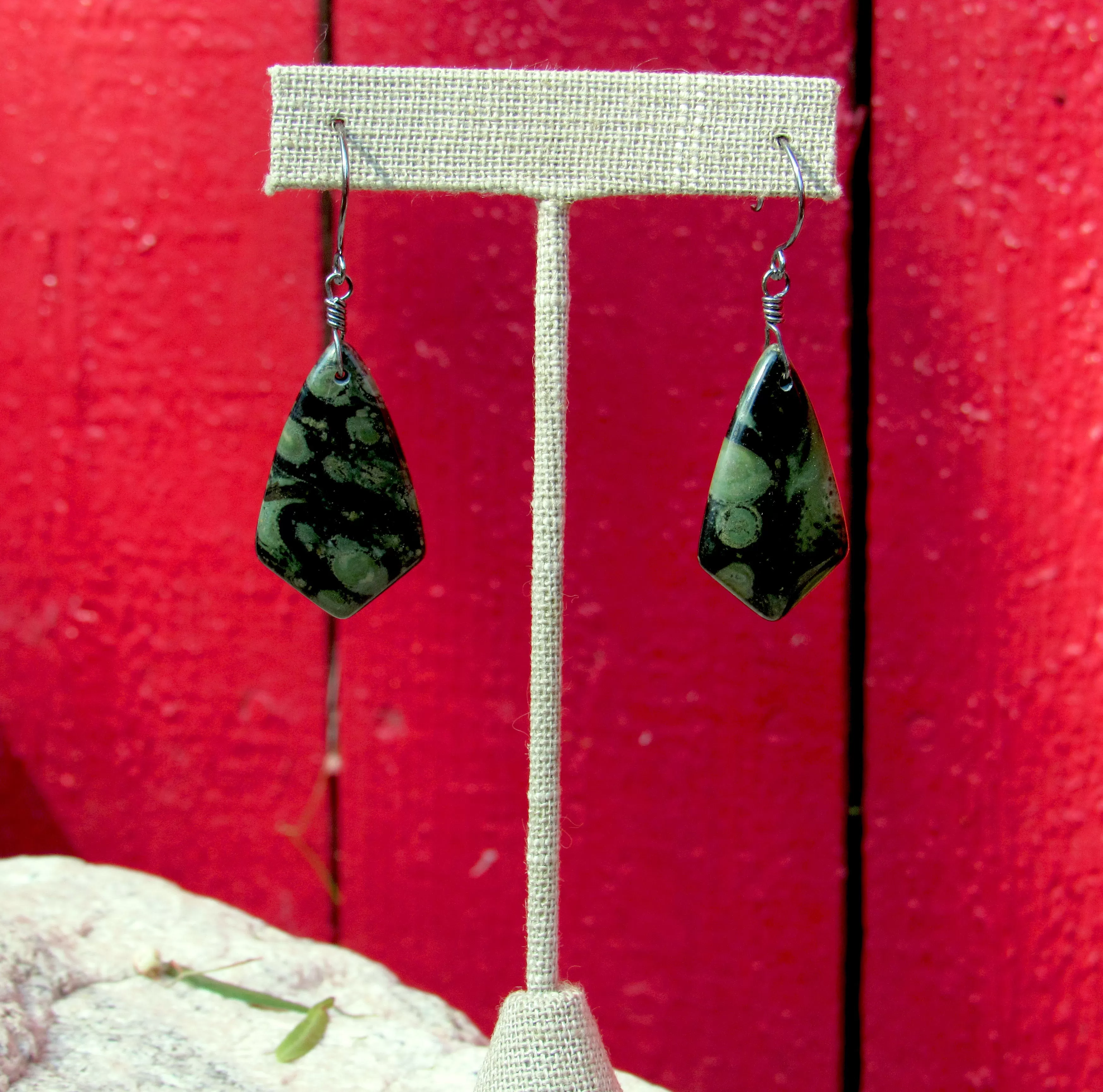 Kambaba Jasper Hand Wrapped in Sterling Silver Drop Earrings