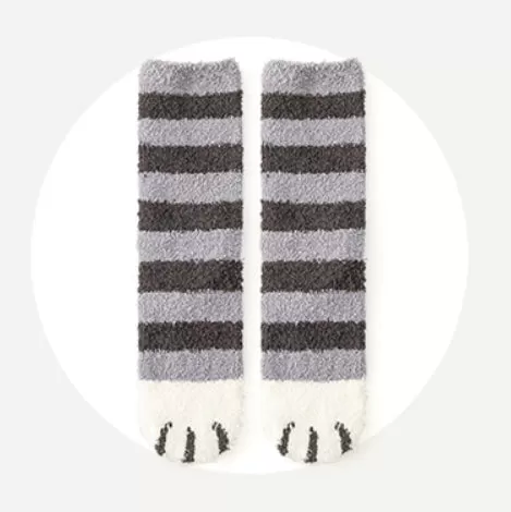 Kawaii Cute Room Socks - Cat Paws Grey Stripes