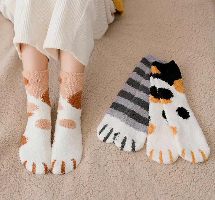 Kawaii Cute Room Socks - Cat Paws Grey Stripes