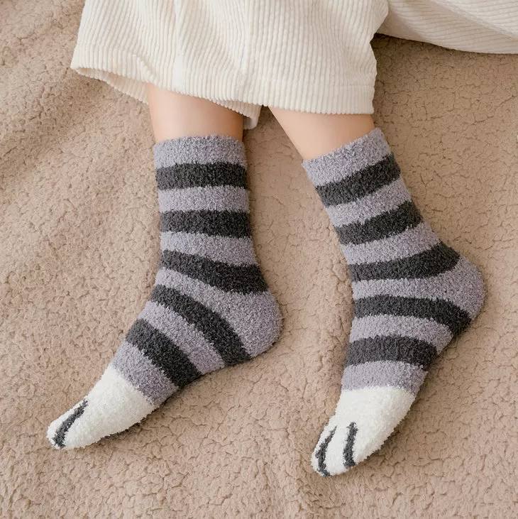 Kawaii Cute Room Socks - Cat Paws Grey Stripes