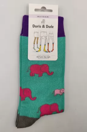 Ladies Bambo Socks Doris & Dude Elephant Purple/mint/Grey 3-7UK