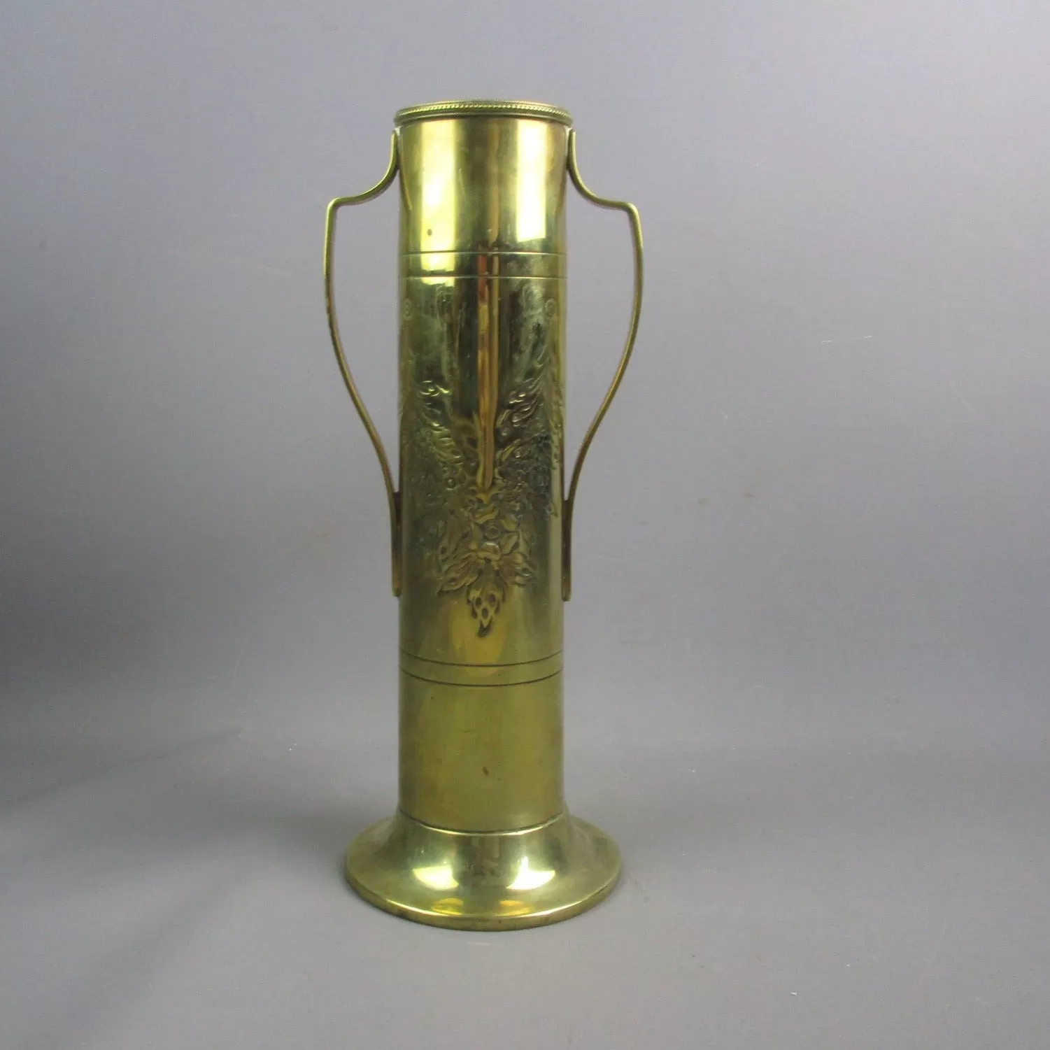 Large Brass Art Nouveau Floral Finish Twin Handled Vases Victorian c1880