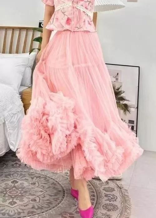 Loose Apricot Ruffled Elastic Waist Tulle Skirts Summer AB1022