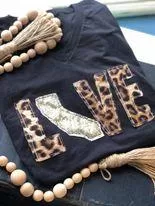 {LOVE YOUR STATE} Random Leopard   Gold Sequins State Black V-Neck Tee