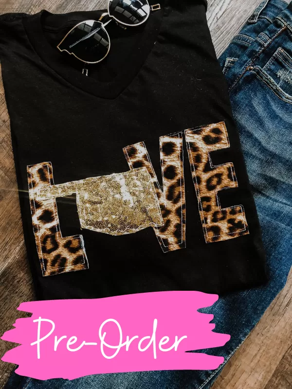 {LOVE YOUR STATE} Random Leopard   Gold Sequins State Black V-Neck Tee