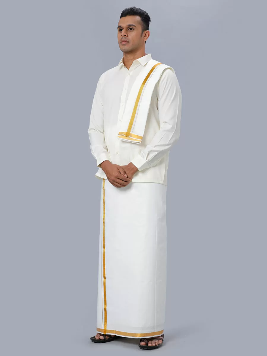 Men Cream Full Sleeves Shirt 1/2 inch Gold Jari Double Dhoti & Towel & Belt Combo