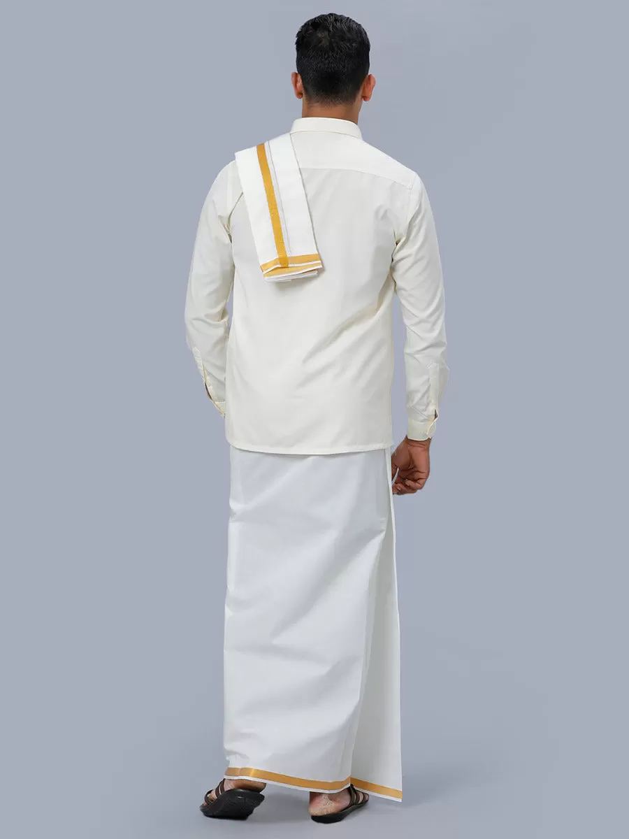 Men Cream Full Sleeves Shirt 1/2 inch Gold Jari Double Dhoti & Towel & Belt Combo