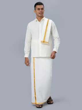 Men Cream Full Sleeves Shirt 1/2 inch Gold Jari Double Dhoti & Towel & Belt Combo