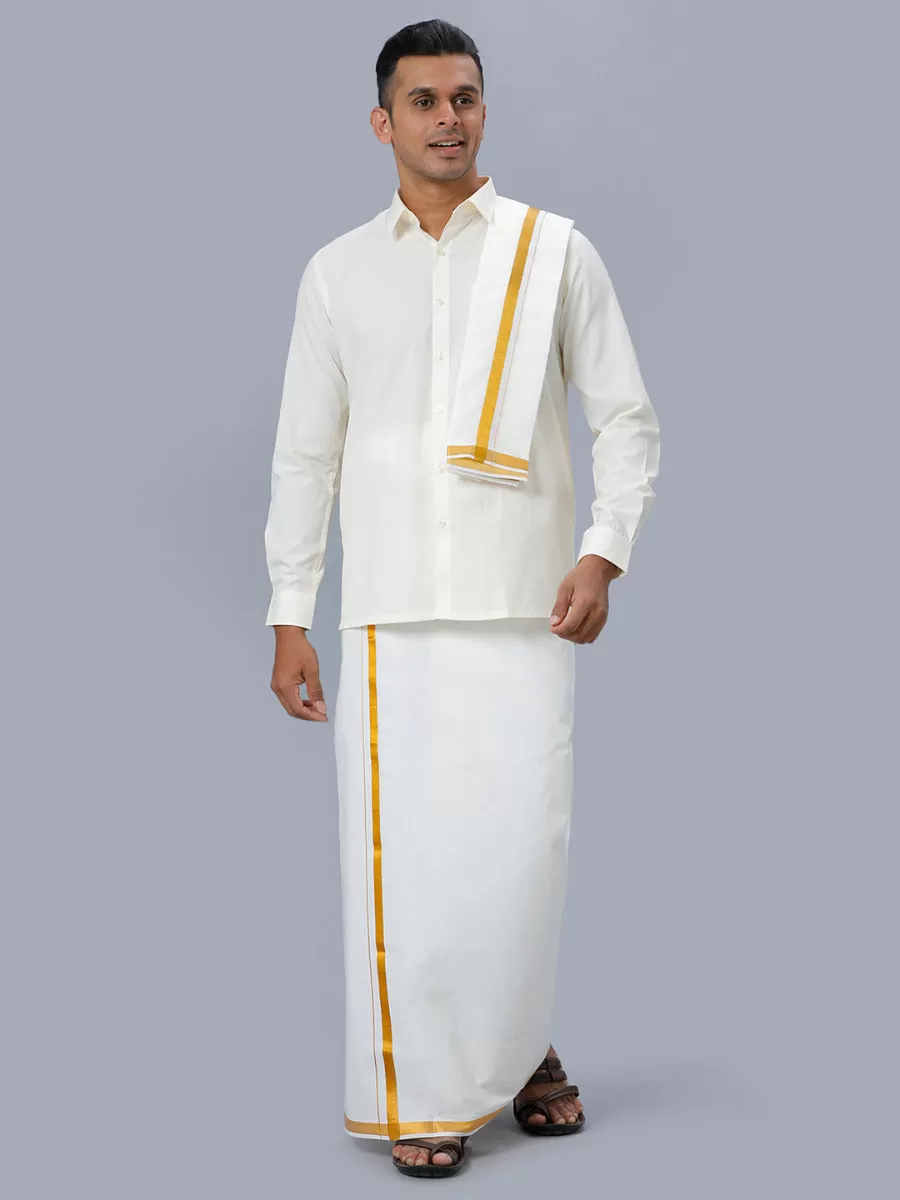 Men Cream Full Sleeves Shirt 1/2 inch Gold Jari Double Dhoti & Towel & Belt Combo