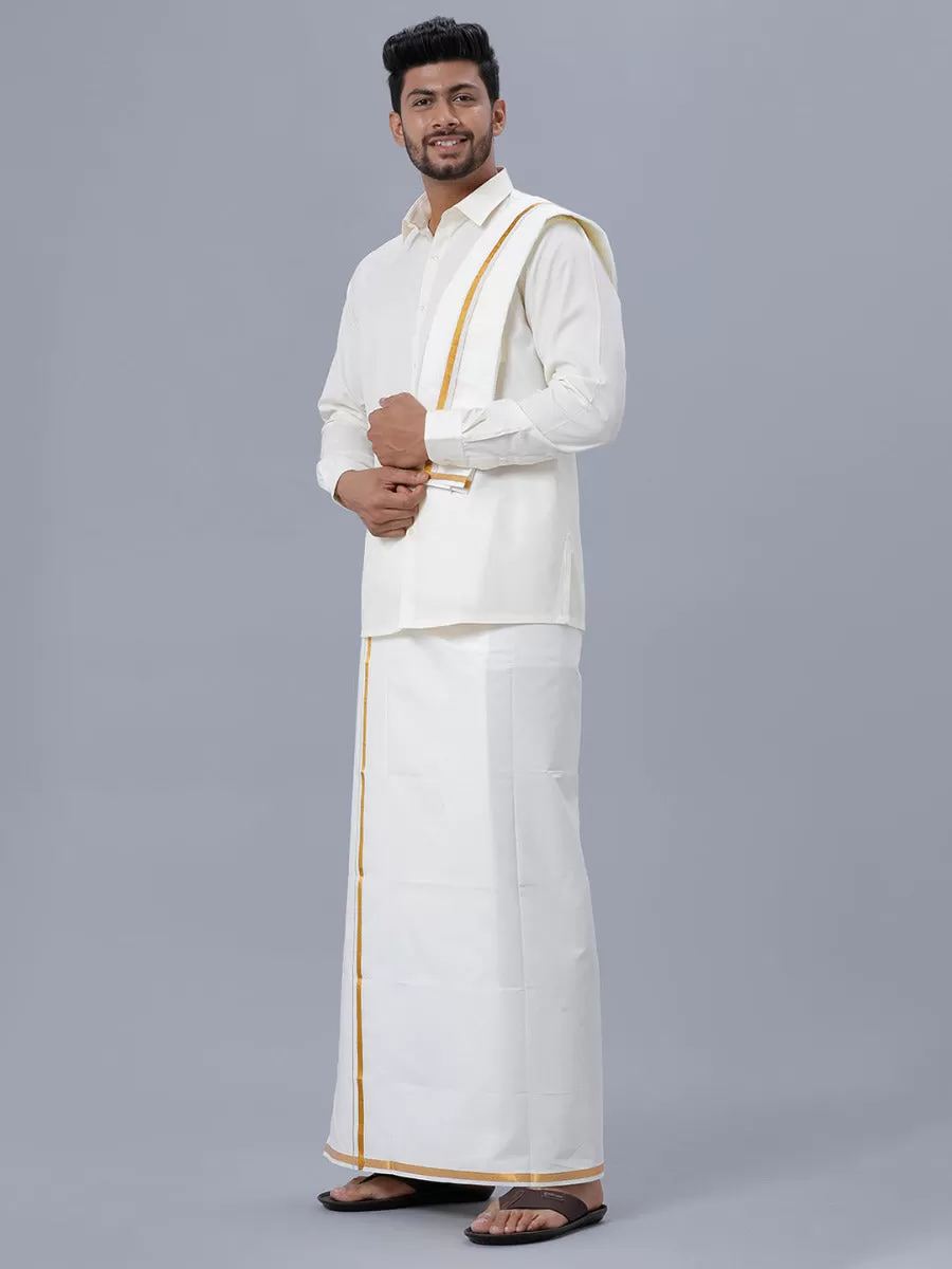 Men Cream Full Sleeves Shirt 1/2 inch Gold Jari Double Dhoti & Towel Combo