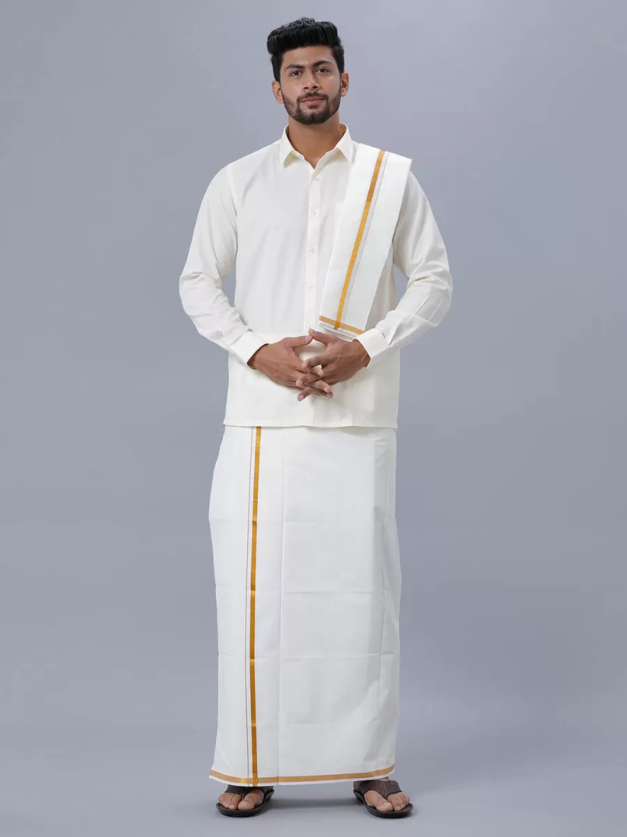 Men Cream Full Sleeves Shirt 1/2 inch Gold Jari Double Dhoti & Towel Combo