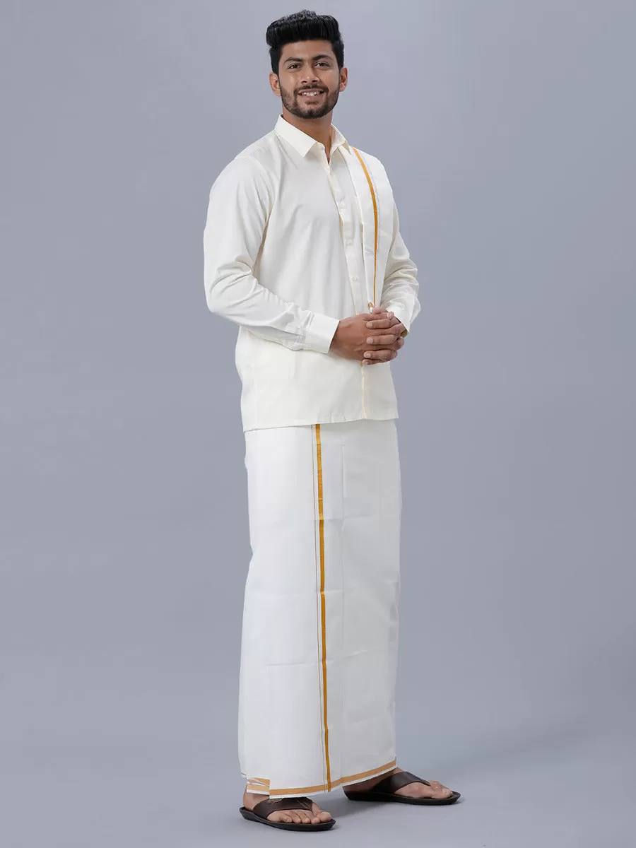 Men Cream Full Sleeves Shirt 1/2 inch Gold Jari Double Dhoti & Towel Combo