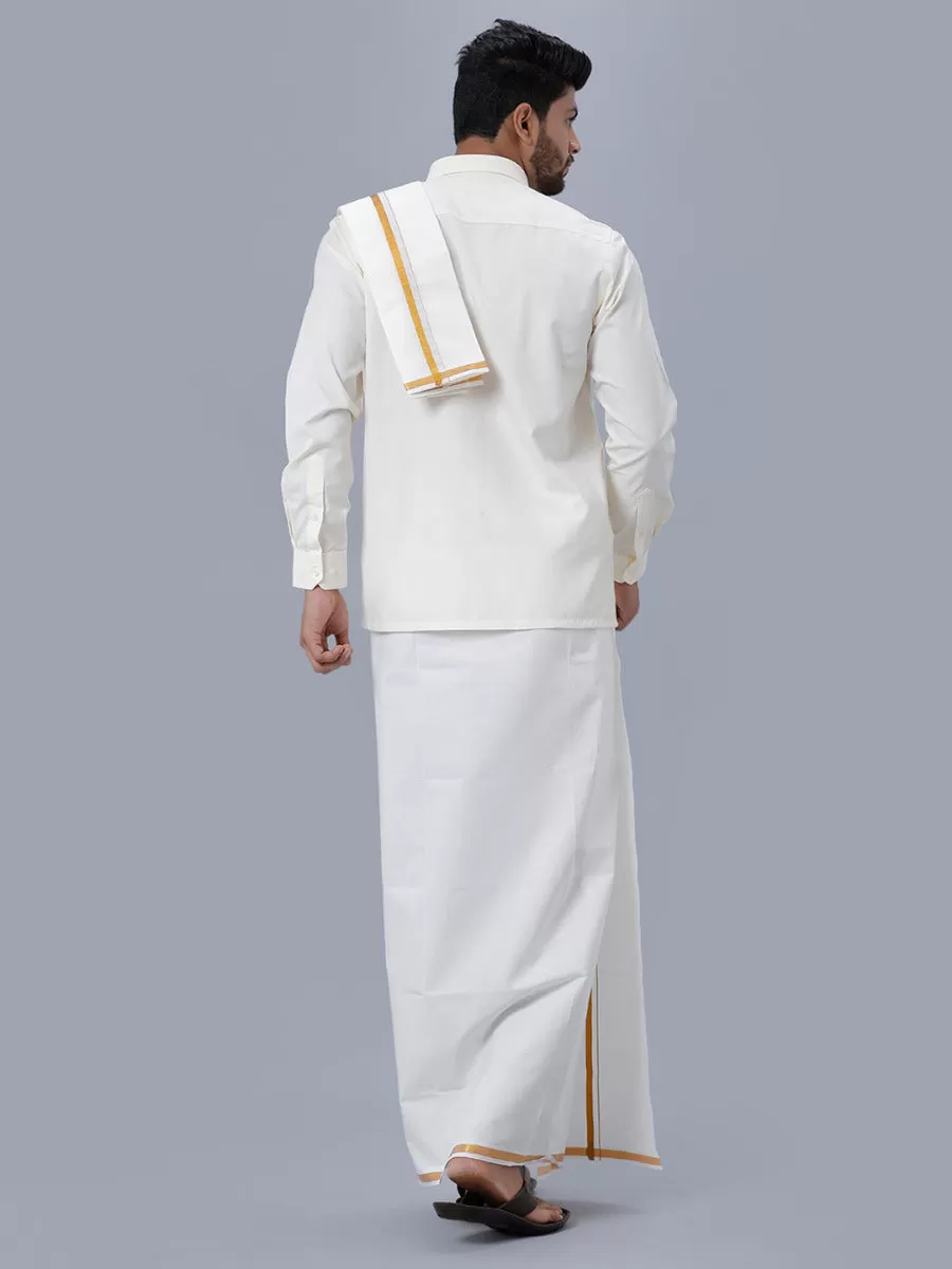 Men Cream Full Sleeves Shirt 1/2 inch Gold Jari Double Dhoti & Towel Combo