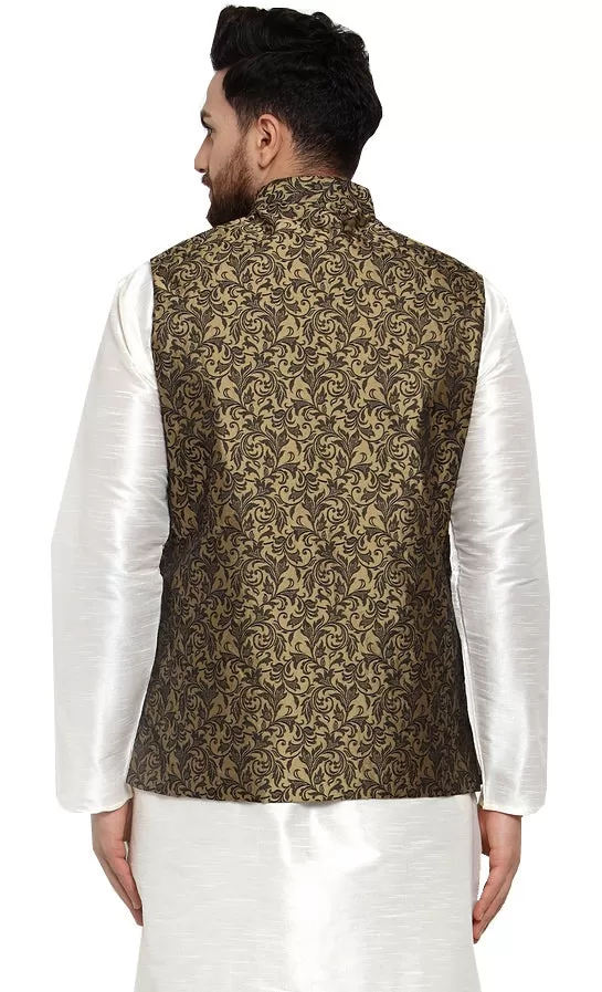 Men's Jacquard Sleeveless Nehru Jacket India Waistcoat (Gold)