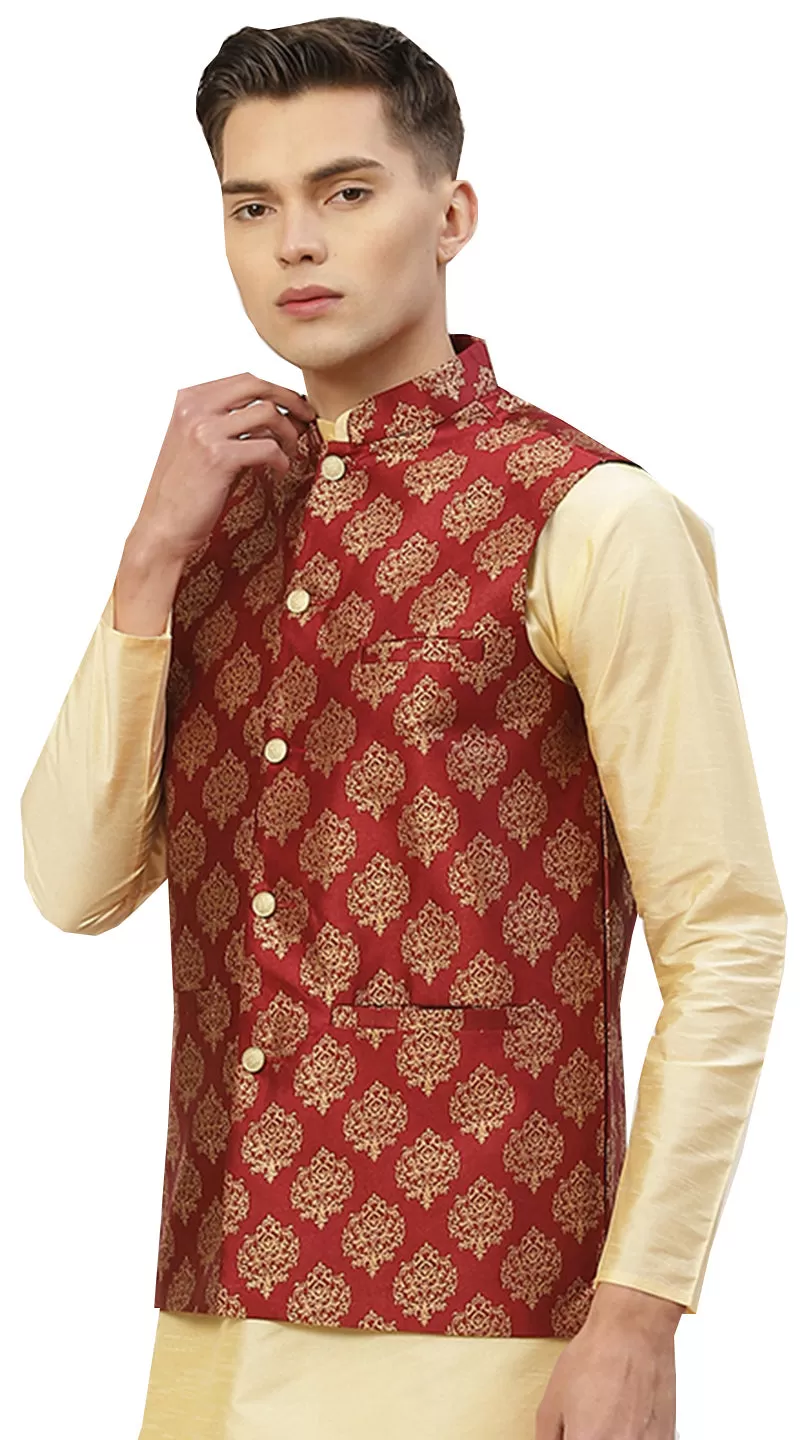 Men's Jacquard Sleeveless Silk Nehru Jacket India Waistcoat (Maroon)