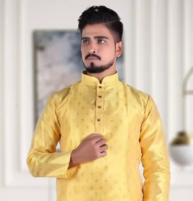 Men's Pure Jacquard Cotton Silk Kurta Pajama Set - Yellow