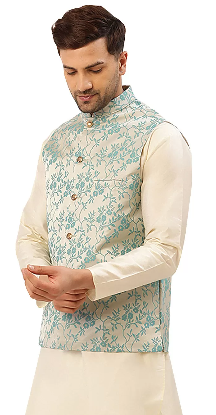 Men's Traditional Indian Outerwear Vest Waistcoat (Cream Turquoise)