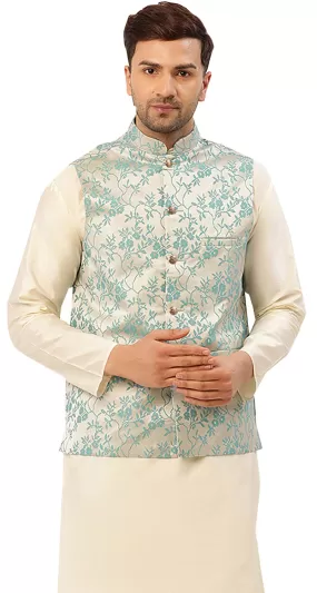 Men's Traditional Indian Outerwear Vest Waistcoat (Cream Turquoise)