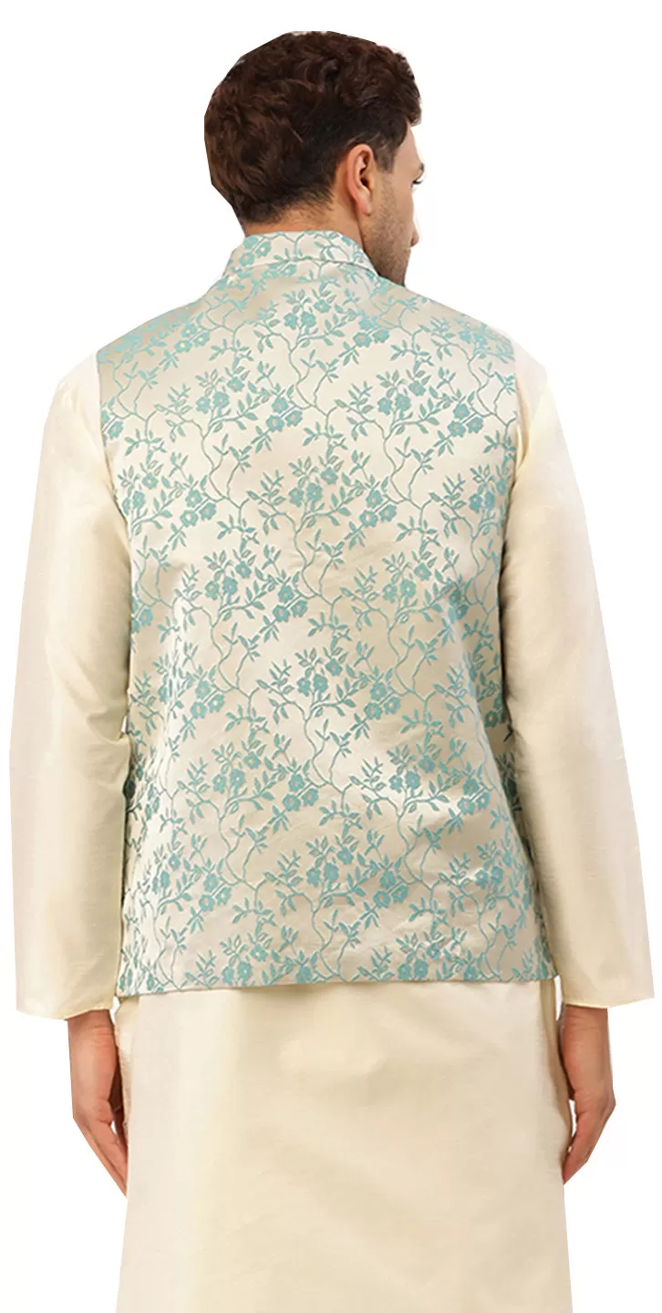 Men's Traditional Indian Outerwear Vest Waistcoat (Cream Turquoise)