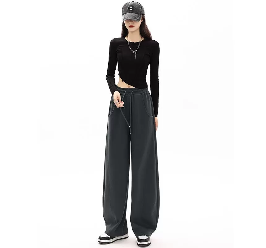 Mid-Waist Drawstring Pocketed Wide-Leg Plain Sweatpants dd22