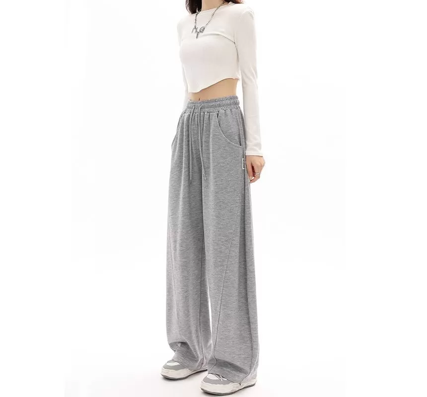 Mid-Waist Drawstring Pocketed Wide-Leg Plain Sweatpants dd22