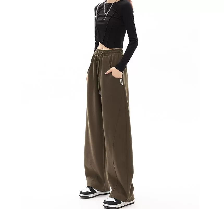 Mid-Waist Drawstring Pocketed Wide-Leg Plain Sweatpants dd22