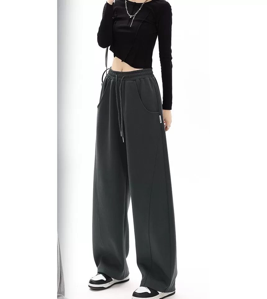 Mid-Waist Drawstring Pocketed Wide-Leg Plain Sweatpants dd22