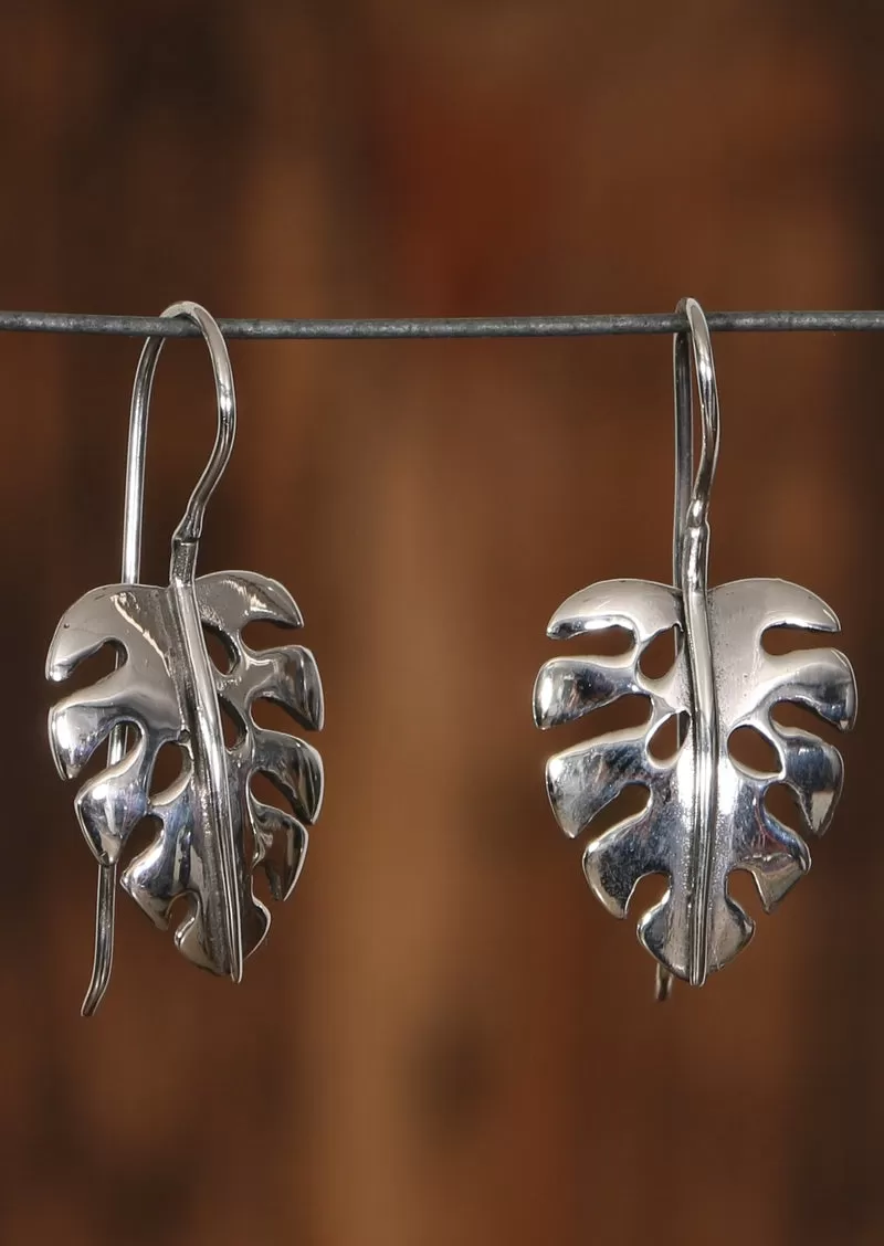 Monstera Leaf Silver Hook Earrings