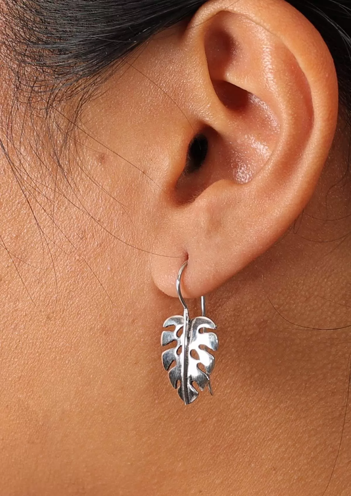 Monstera Leaf Silver Hook Earrings