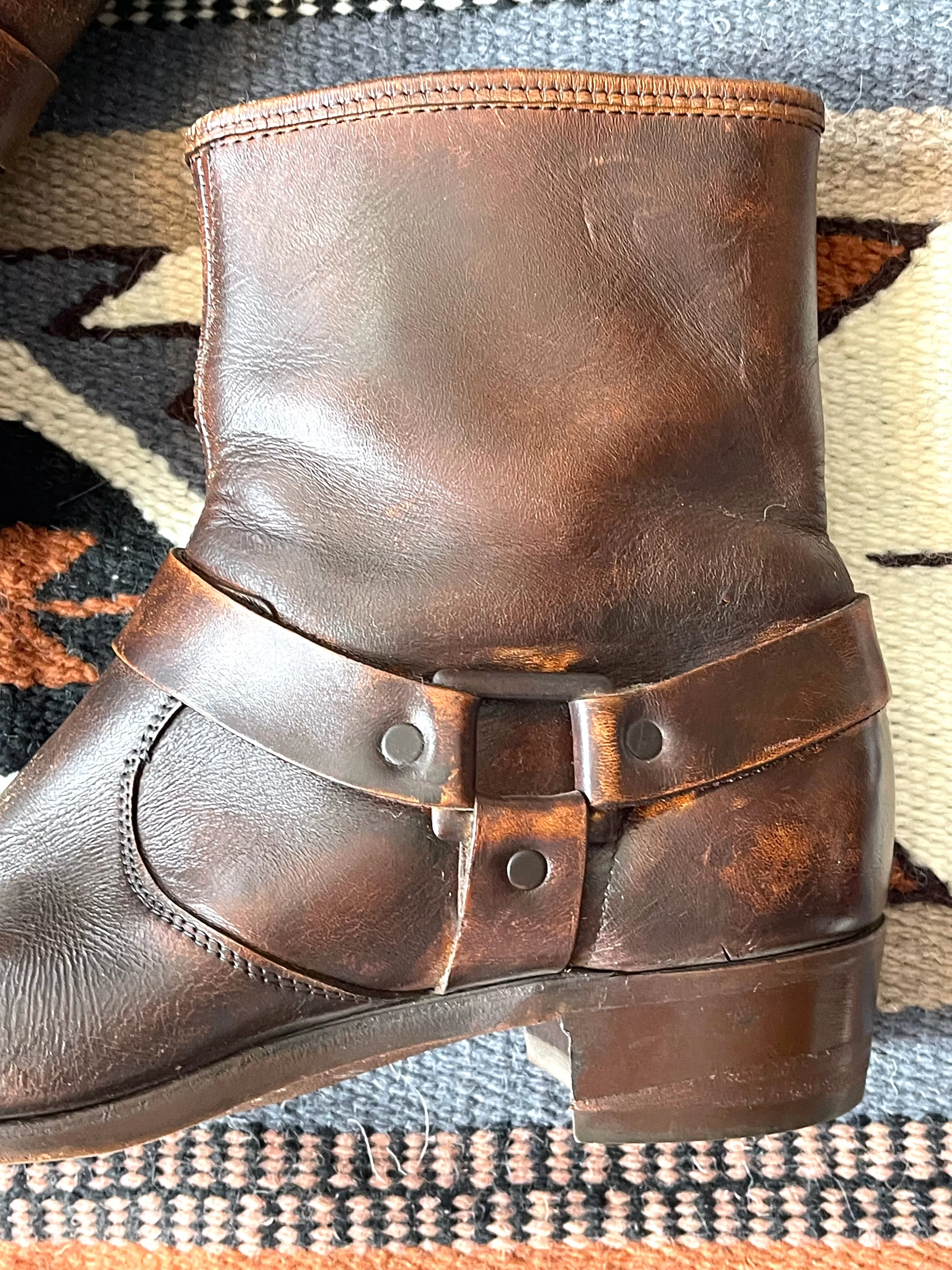 MOTO BOOTS Vintage 70s Brown Leather Buckled Bootie,  Size 9 1/2 to 10