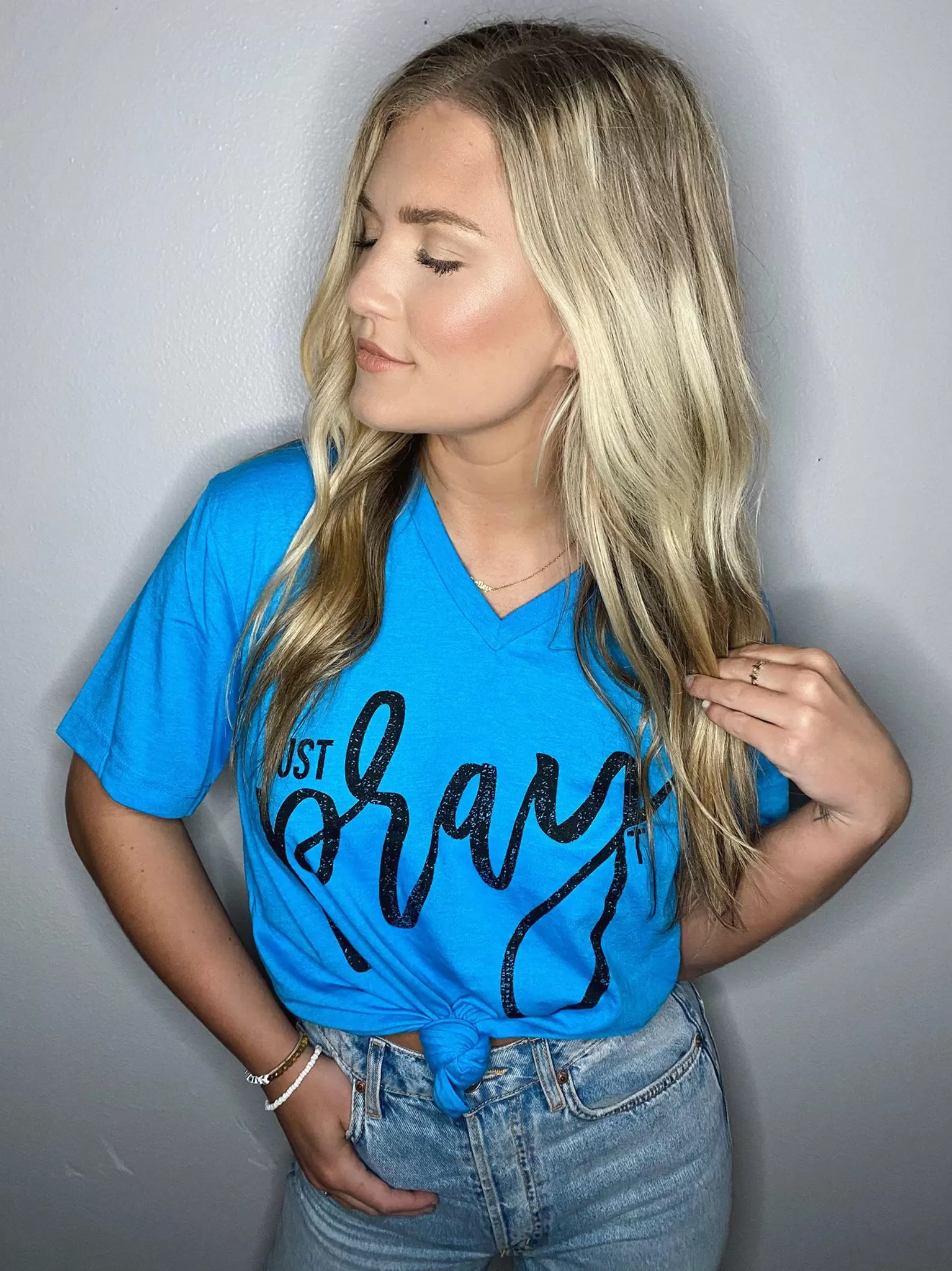 Neon Blue {JUST PRAY} Super Soft V-Neck Tee