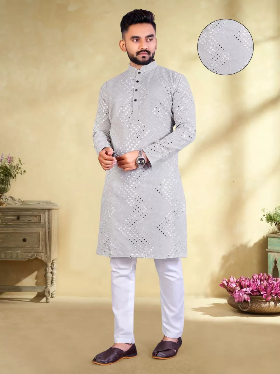 New Trendy Embroidery Mirror Work Grey Color Men's Cotton Kurta Pajama Set