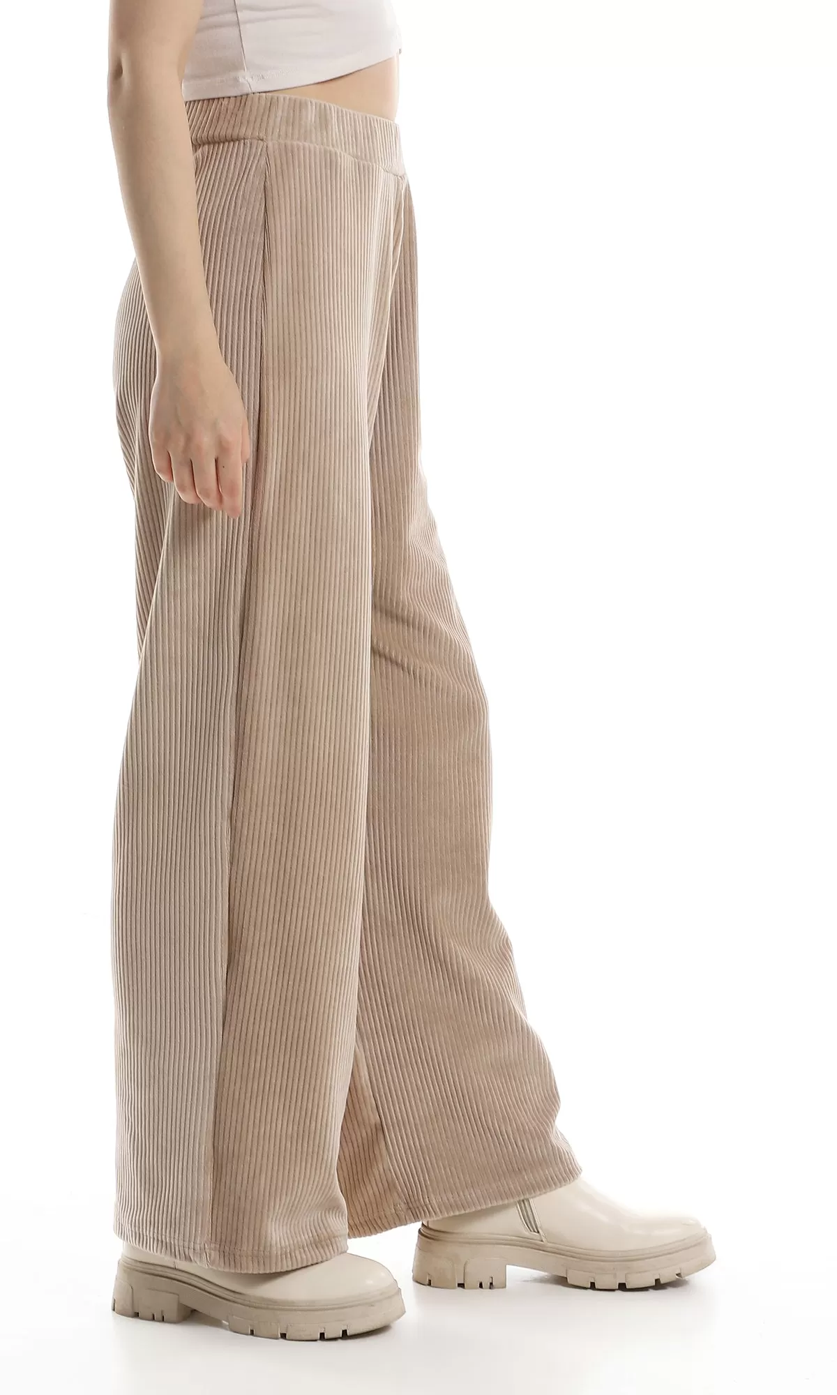 O162655 Ribbed Velvet Elastic Waist Pants - Beige