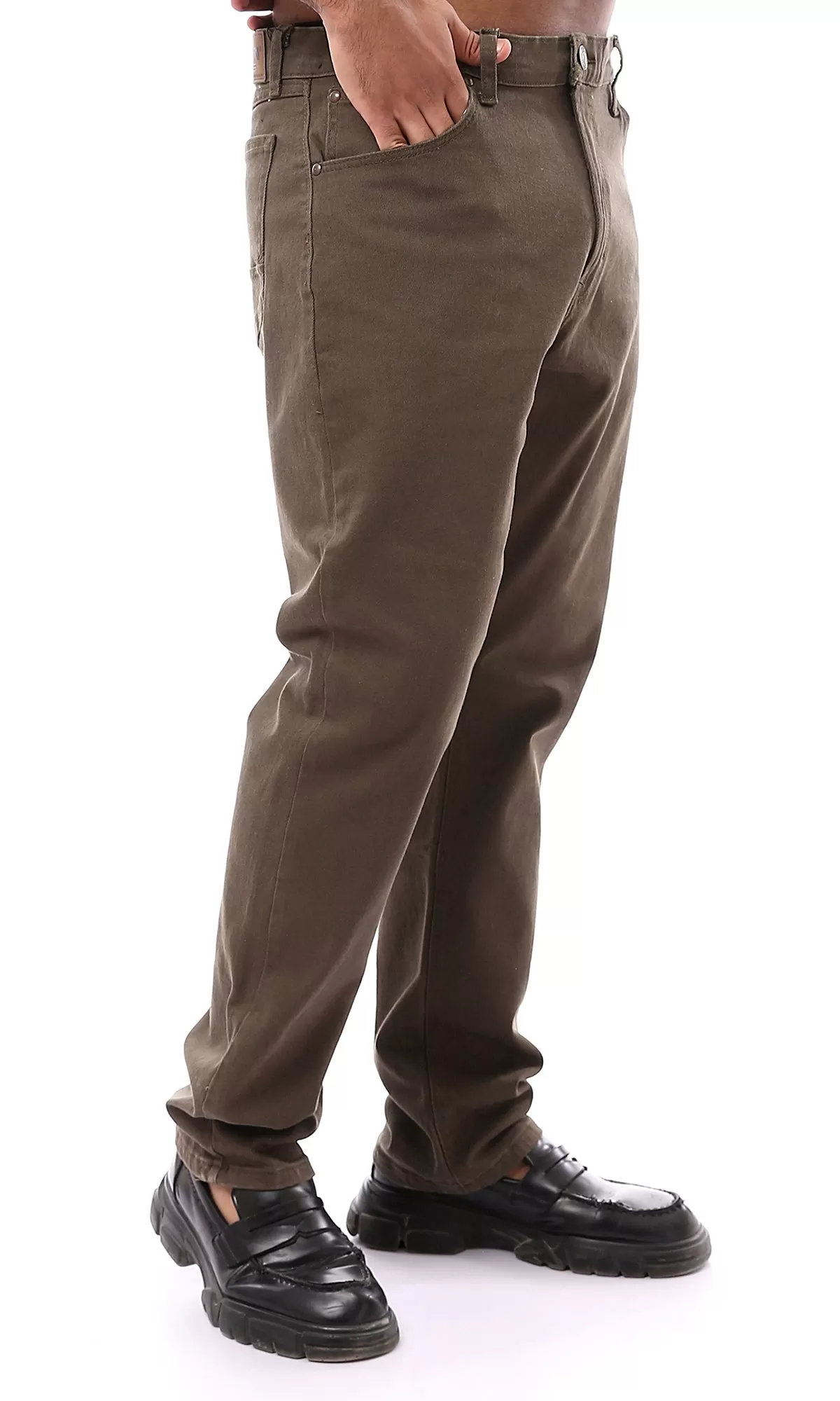 O173032 Solid Regular Fit Olive Gabardine Pants