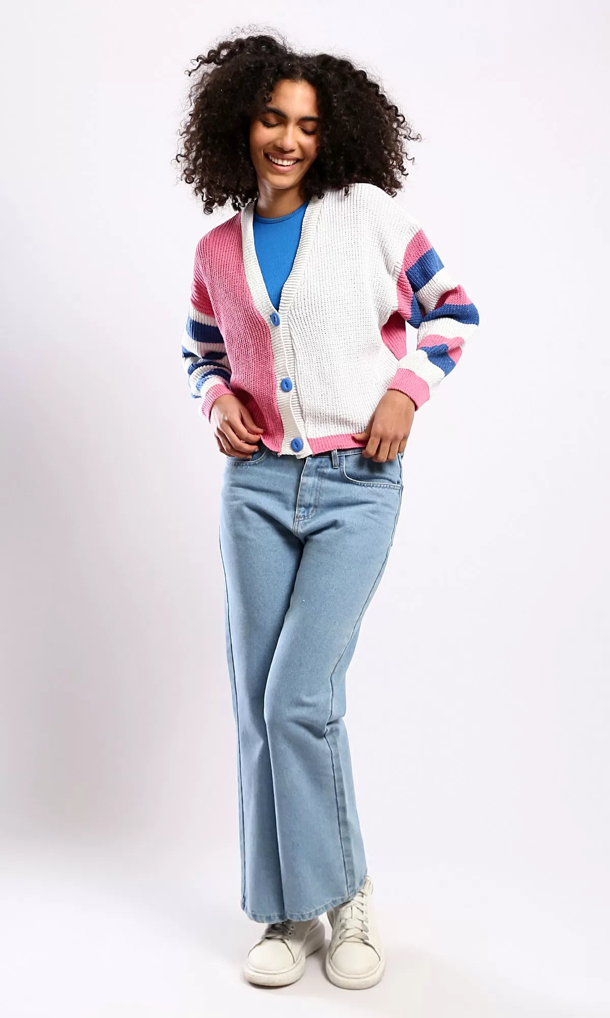 O173661 Knitted Short Cardigan With Striped Sleeves - Navy Blue & Pink