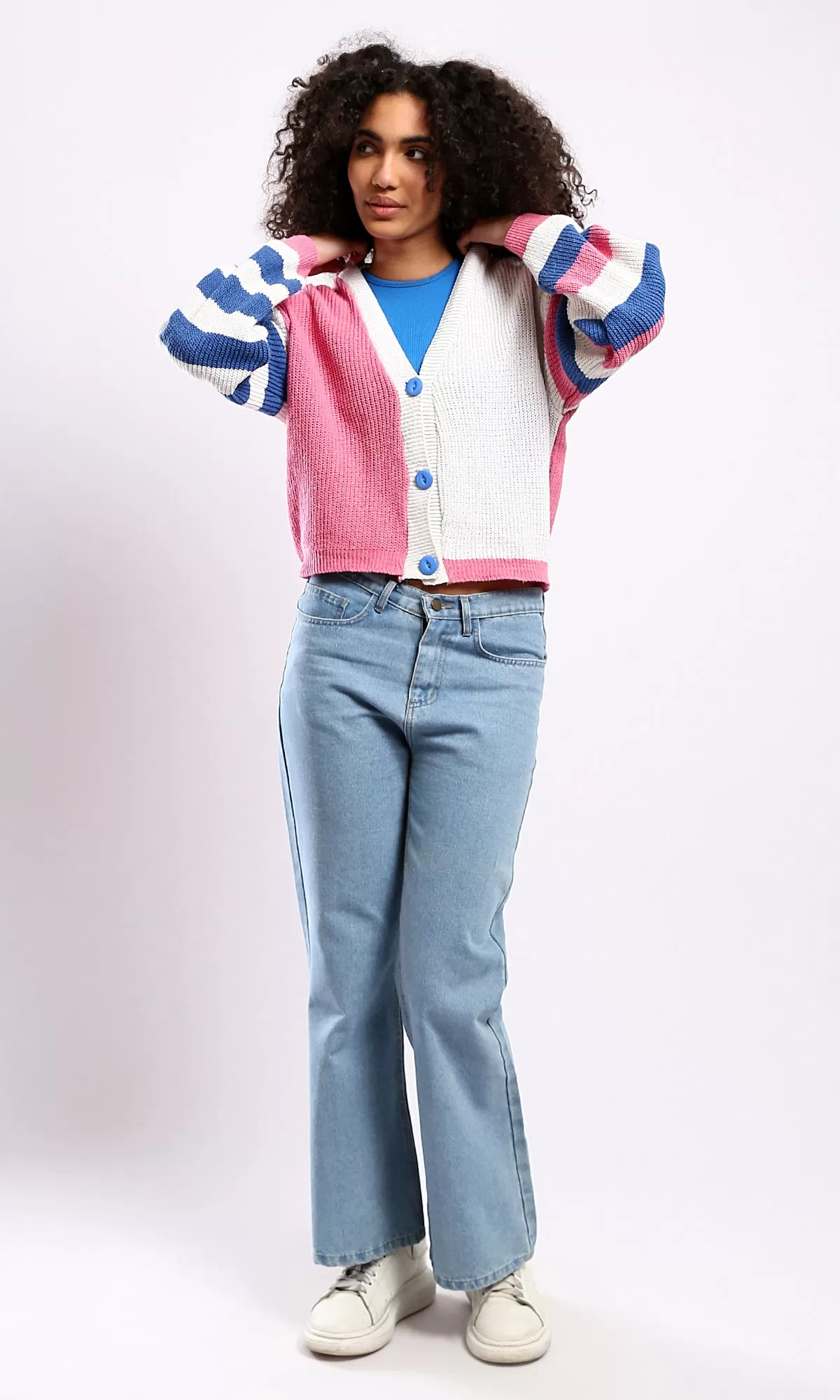 O173661 Knitted Short Cardigan With Striped Sleeves - Navy Blue & Pink