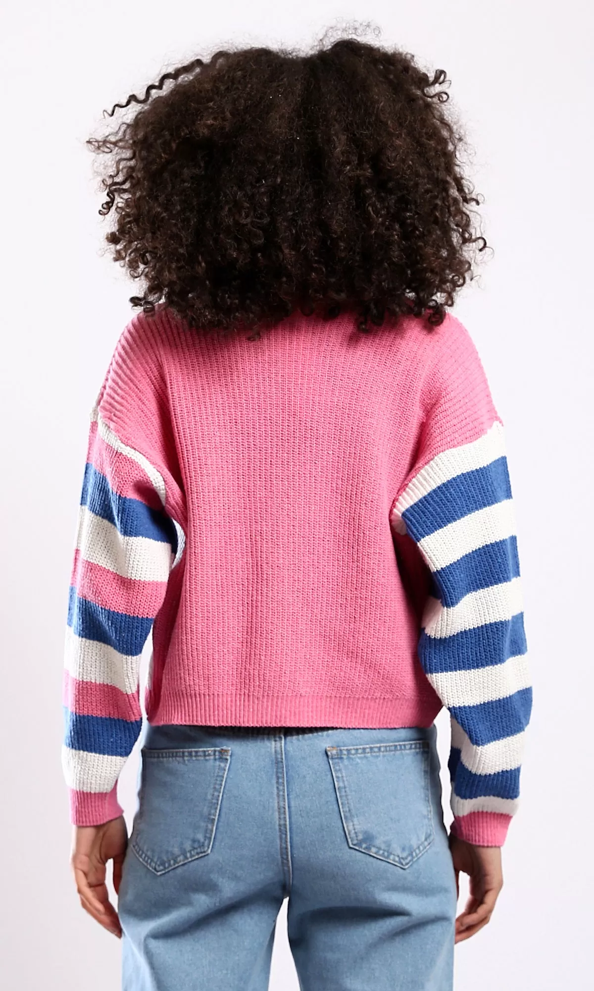 O173661 Knitted Short Cardigan With Striped Sleeves - Navy Blue & Pink