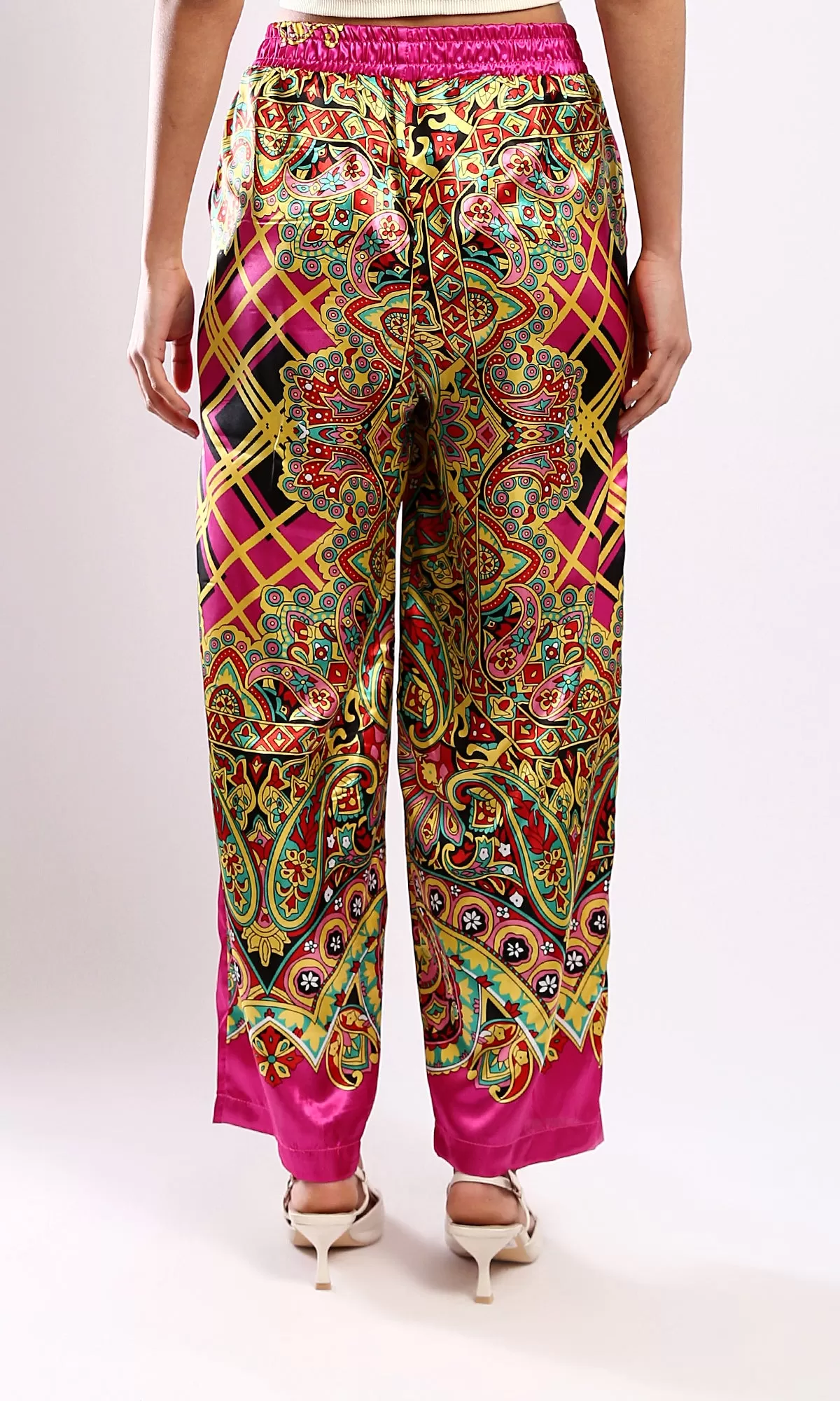 O179130 Shiny Fuchsia & Yellow Evening Wide-Leg Pants