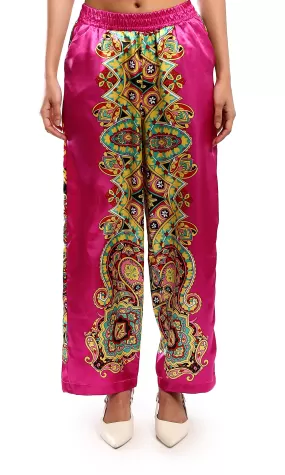 O179130 Shiny Fuchsia & Yellow Evening Wide-Leg Pants