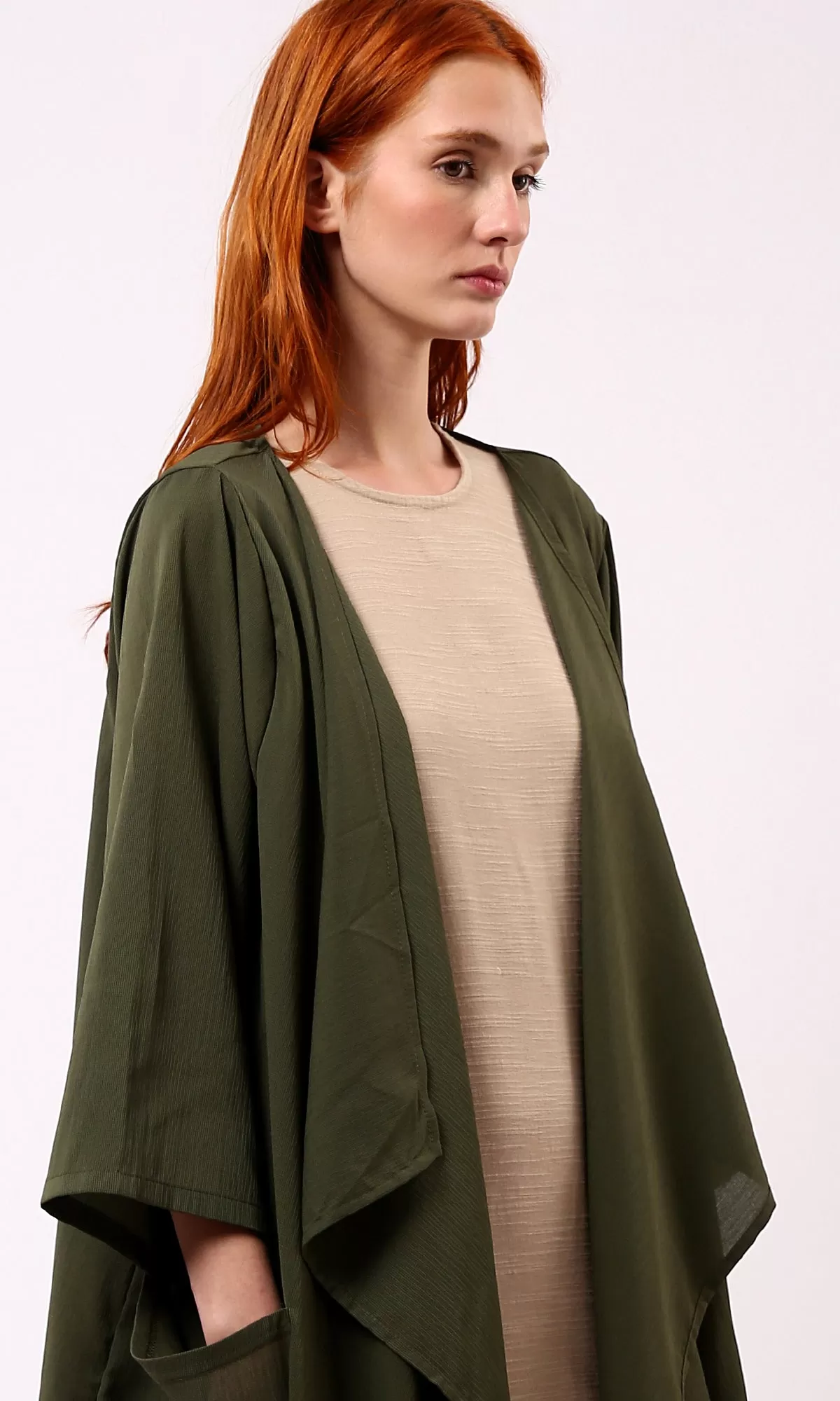 O188299 Asymmetric Neckline Loose Dark Olive Cardigan